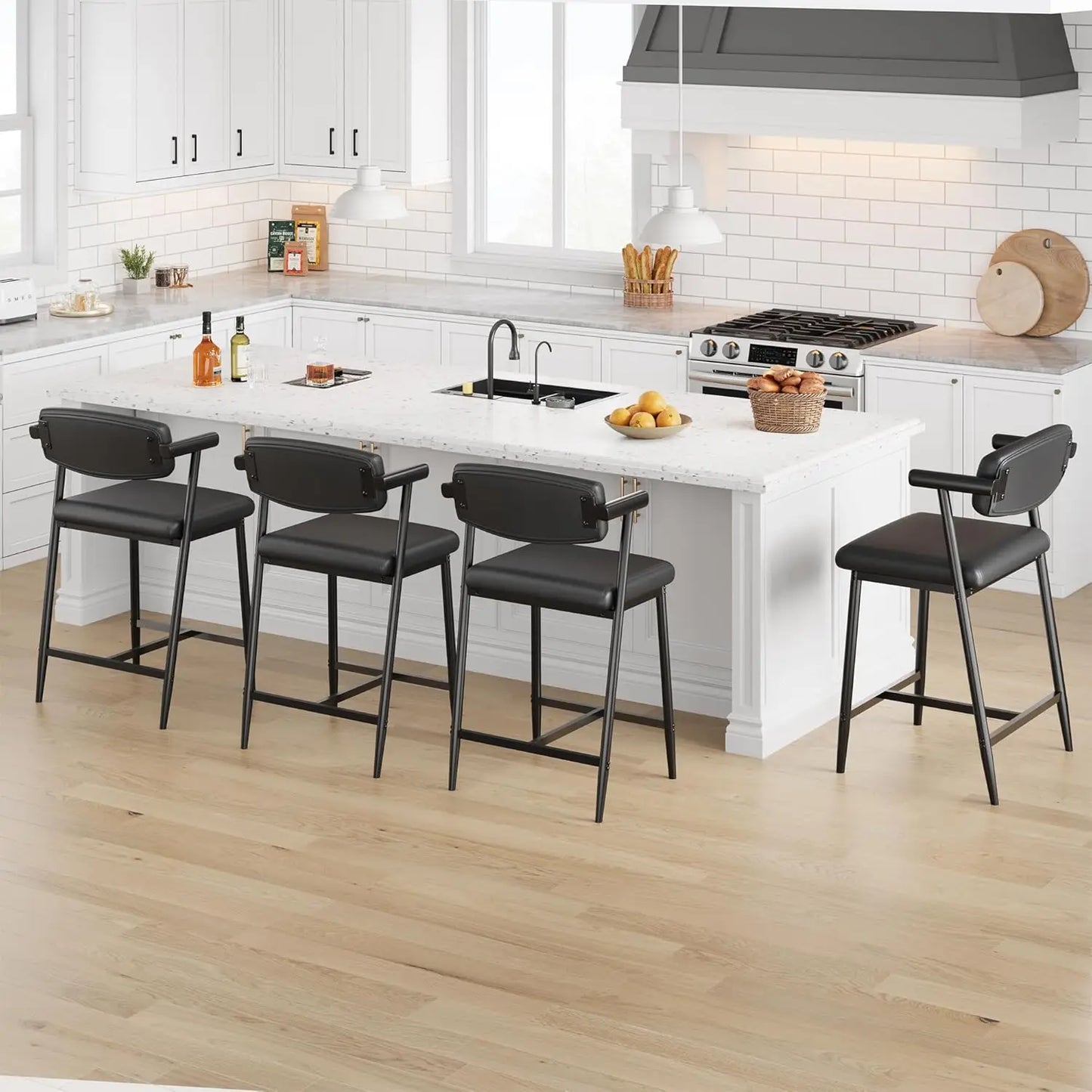 Modern Bar Stools (2-Pack) – Upholstered Wide‑Seat Stools with Backrest & Footrest