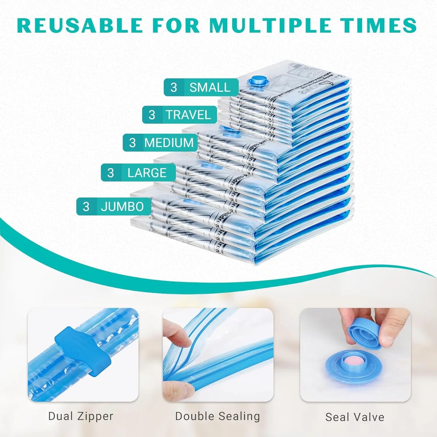 15‑Pack Vacuum Storage Bags with Hand Pump – Space‑Saving Compression for Clothes, Blankets & Travel