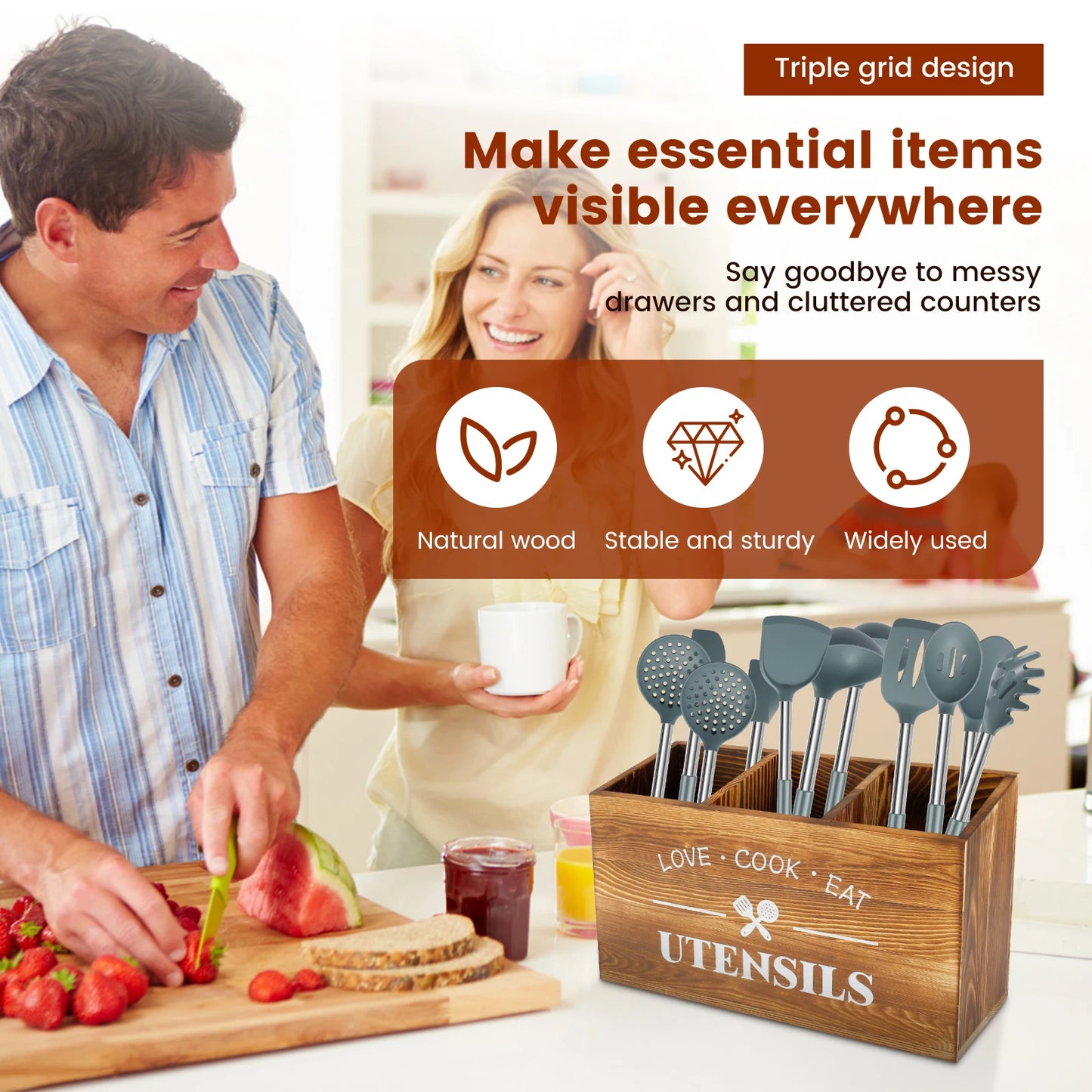 Wood Kitchen Utensil Holder – Large Spoon, Fork & Tableware Storage Caddy Organizer