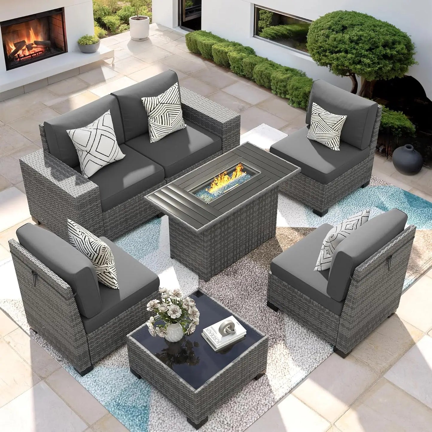 7‑Piece Patio Furniture Set with Fire Pit Table – Wicker Rattan Outdoor Sectional Conversation Set