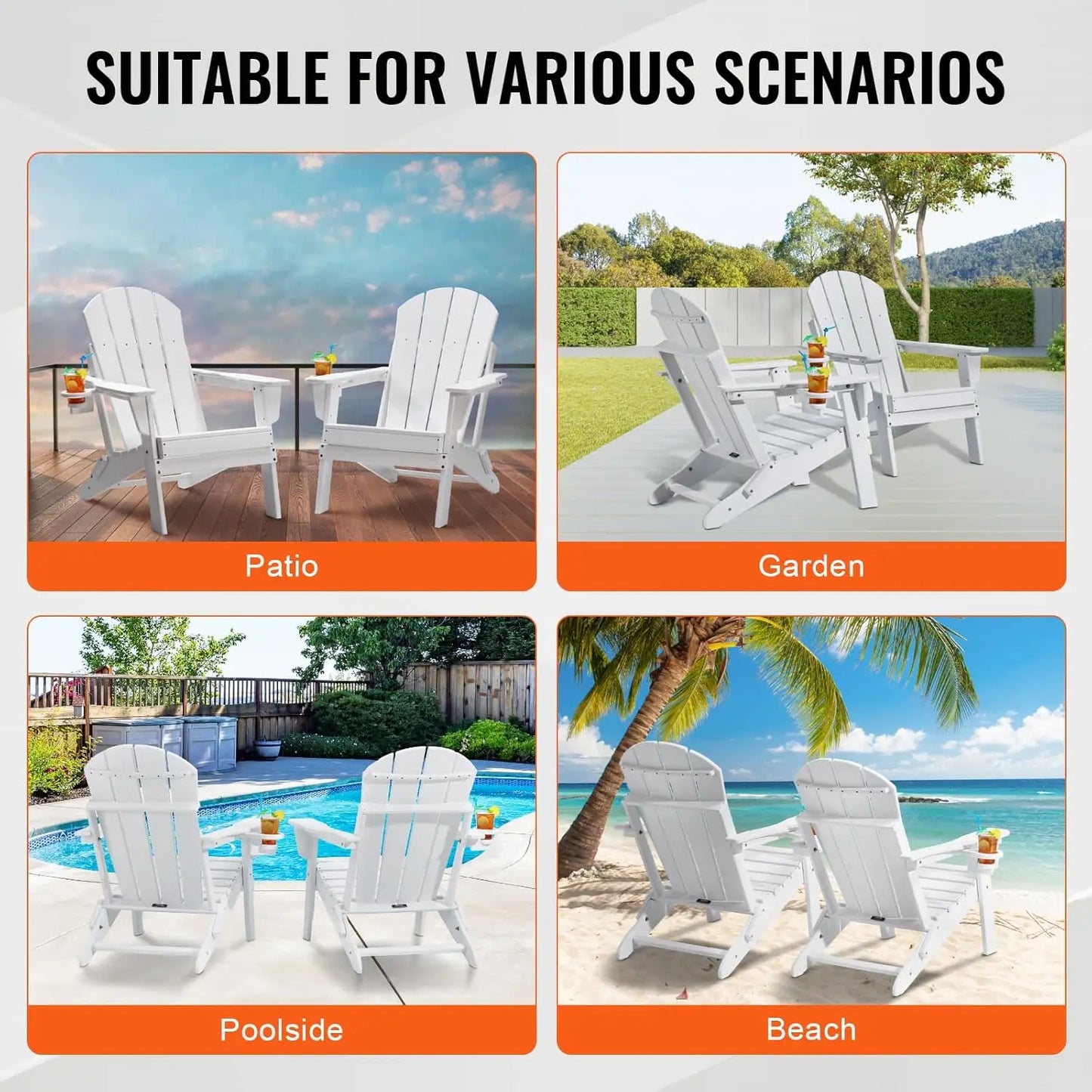 Foldable Adirondack Chair 2 Pack with Cup Holders,  All Weather