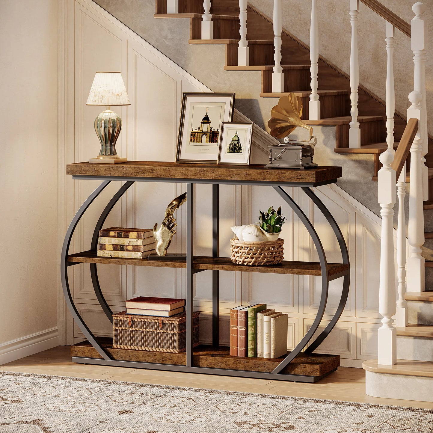 41" Console Table, 3-Tier Entryway Table with Arched Metal Frame and Storage Shelves for Living Room