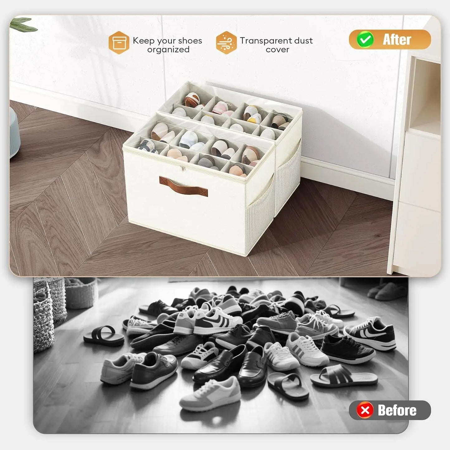 Foldable Shoe Storage Organizers (2‑Pack) – Adjustable Dividers & Clear Cover, Holds Up to 16 Pairs