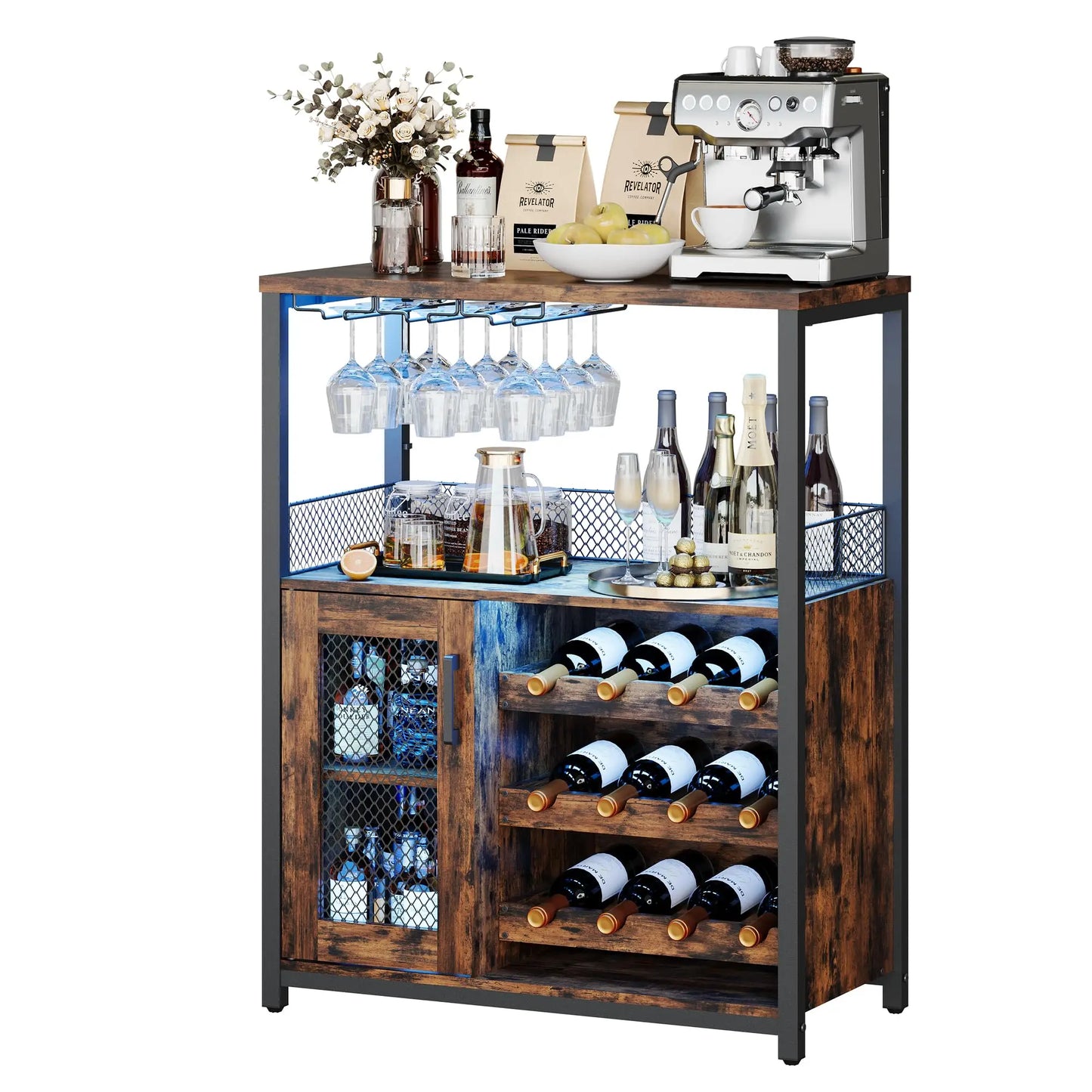 Vintage 3-Tier Wine Bar Cabinet With Adjustable Shelves & Glass Holder