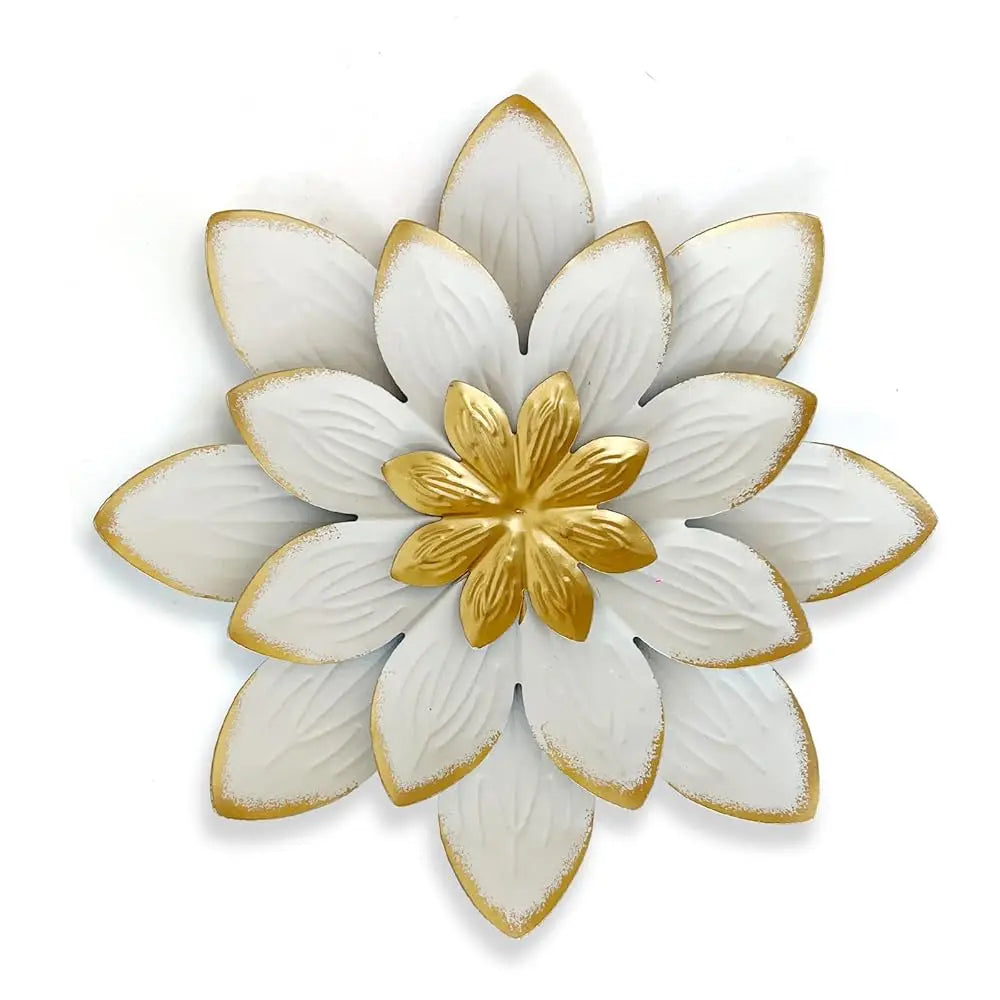 9“ White and Gold Metal Flower Wall Art, Modern Rustic Floral Decor for Indoor Living Room, Bedroom, Office, or Outdoor