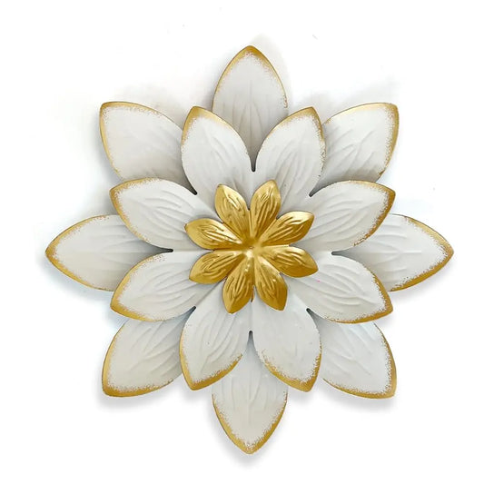 9“ White and Gold Metal Flower Wall Art, Modern Rustic Floral Decor for Indoor Living Room, Bedroom, Office, or Outdoor