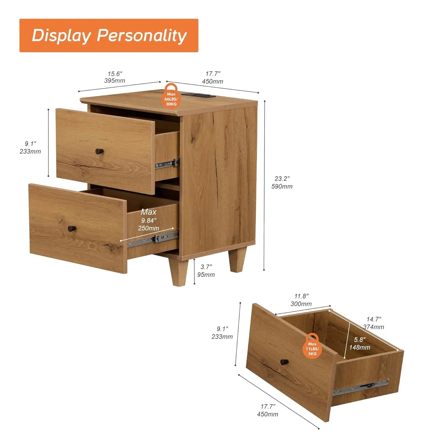Nightstands with Charging Station – Wood Bedside Tables with 2 Drawers & AC Outlets