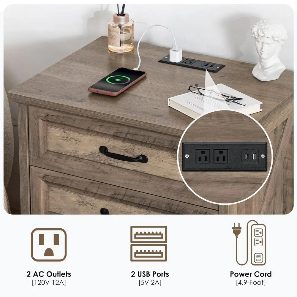 24" Farmhouse Nightstand with Charging Station – Bedside Table with 3 Drawers, AC Outlets & USB Ports