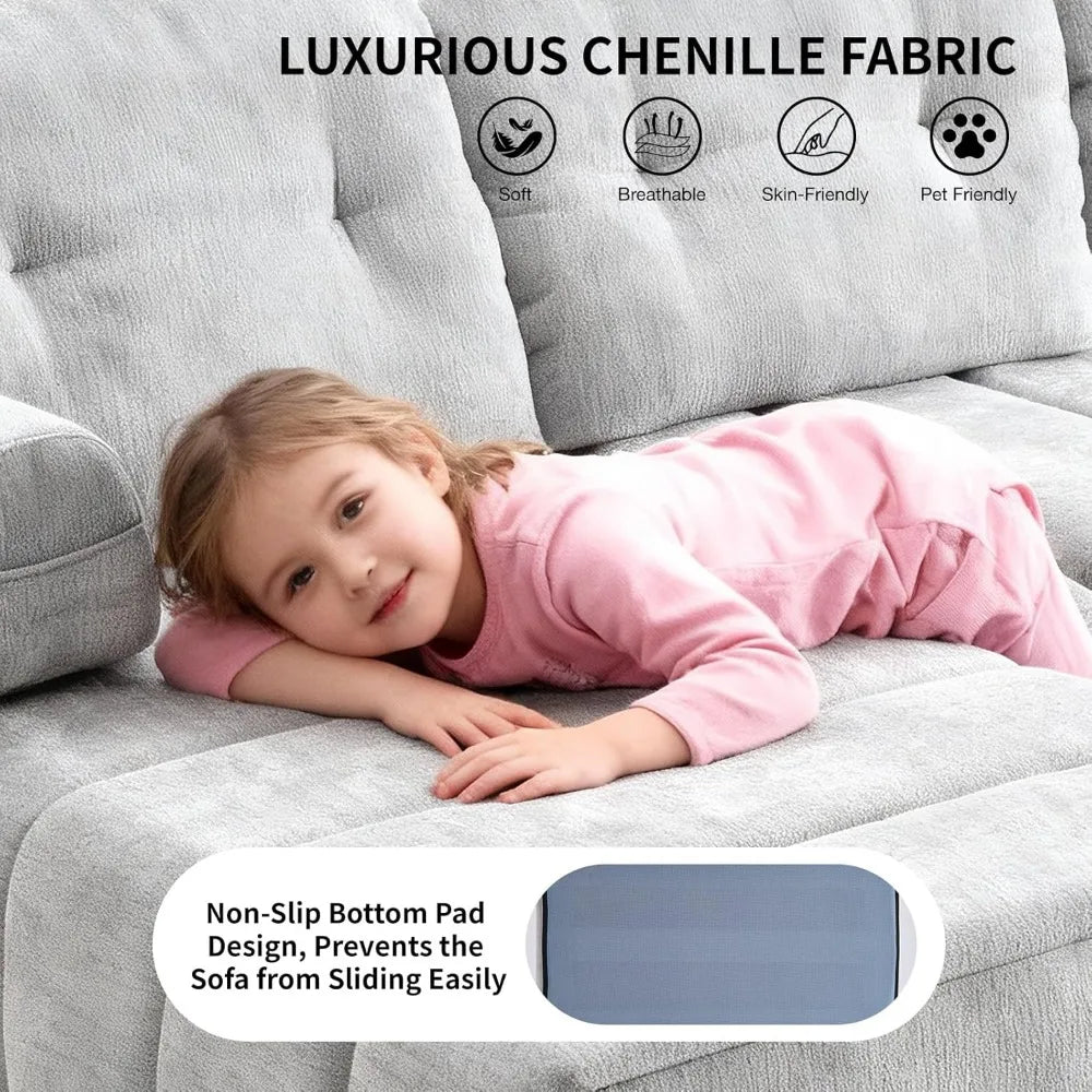 Modular Sectional Sofa with Chaise, L-Shape with Pillows and Side Pockets, 3-Seater