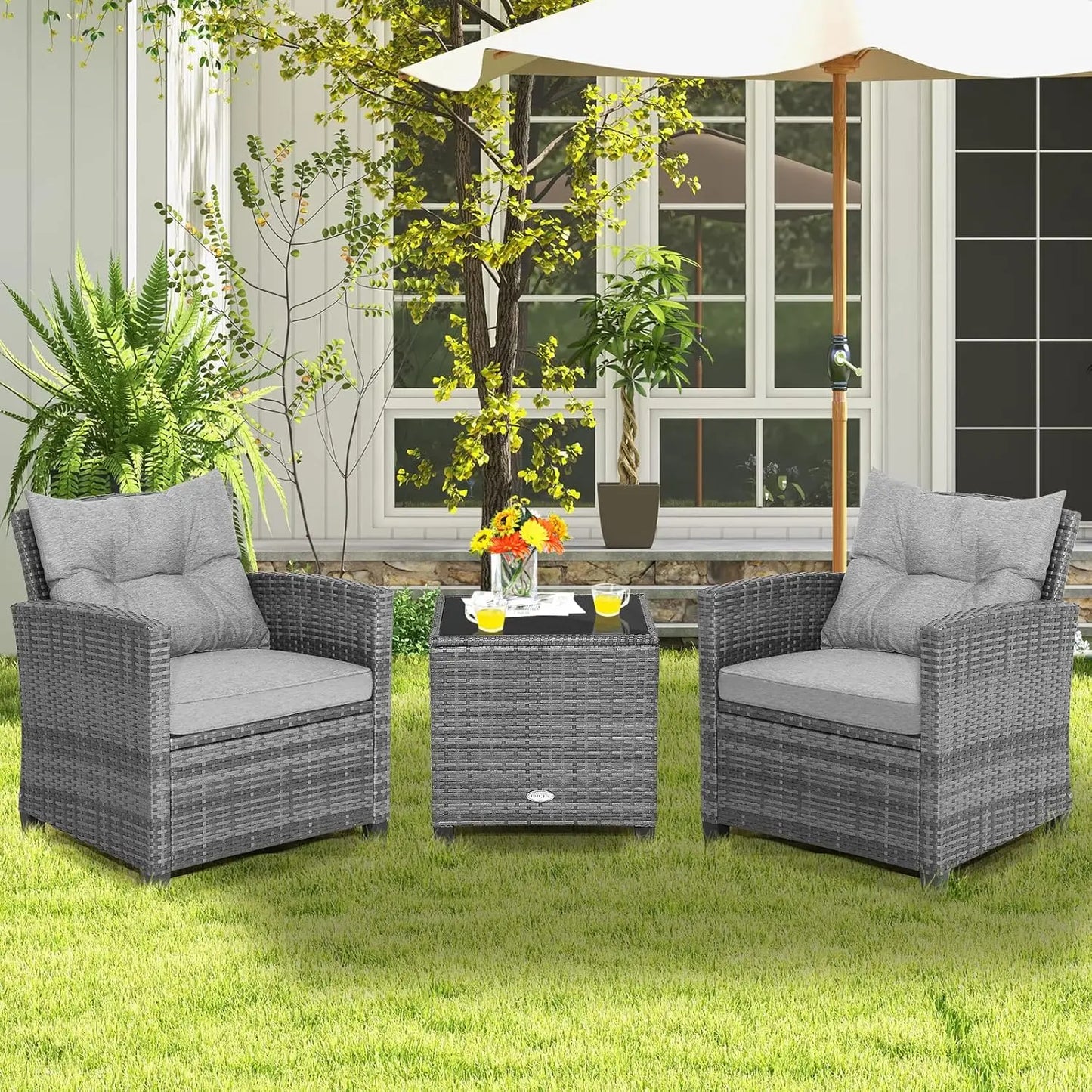 3 Pieces Patio Furniture Set, Outdoor Rattan Chair Set with Tempered Glass Side Table