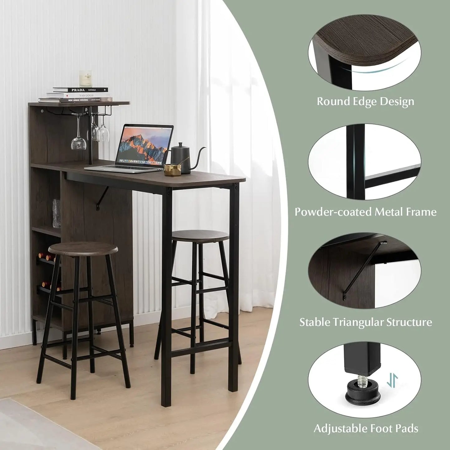 3‑Piece Bar Table & Stool Set – Space‑Saving Design with Built‑In Glass Holder