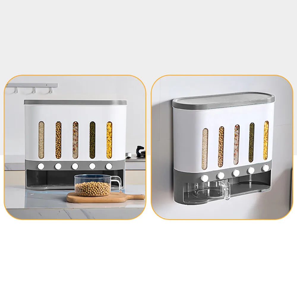Wall-Mounted Dry Food Storage Dispenser Large Capacity Airtight Cereal & Grain Organizer with Removable Compartments