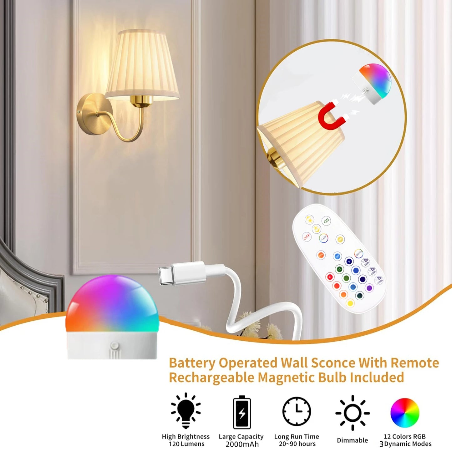 Battery-Powered Wall Light, Wireless Charging Wall Light with Remote Control, Dimmable