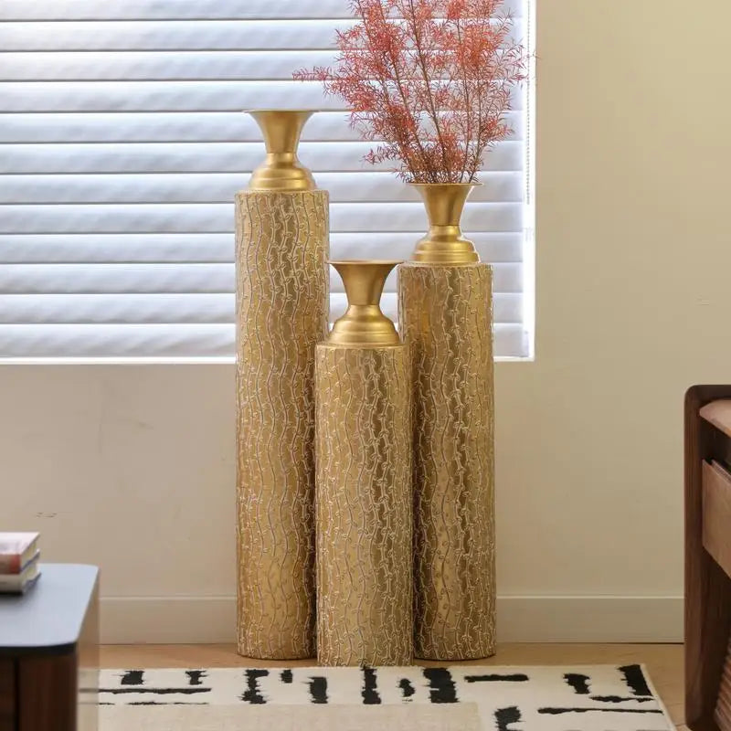 Set of 3 Metal Decorative Vases with Distressed Gold Finish and Vine Patterns, Heights 34", 29", 25" for Home Decoration