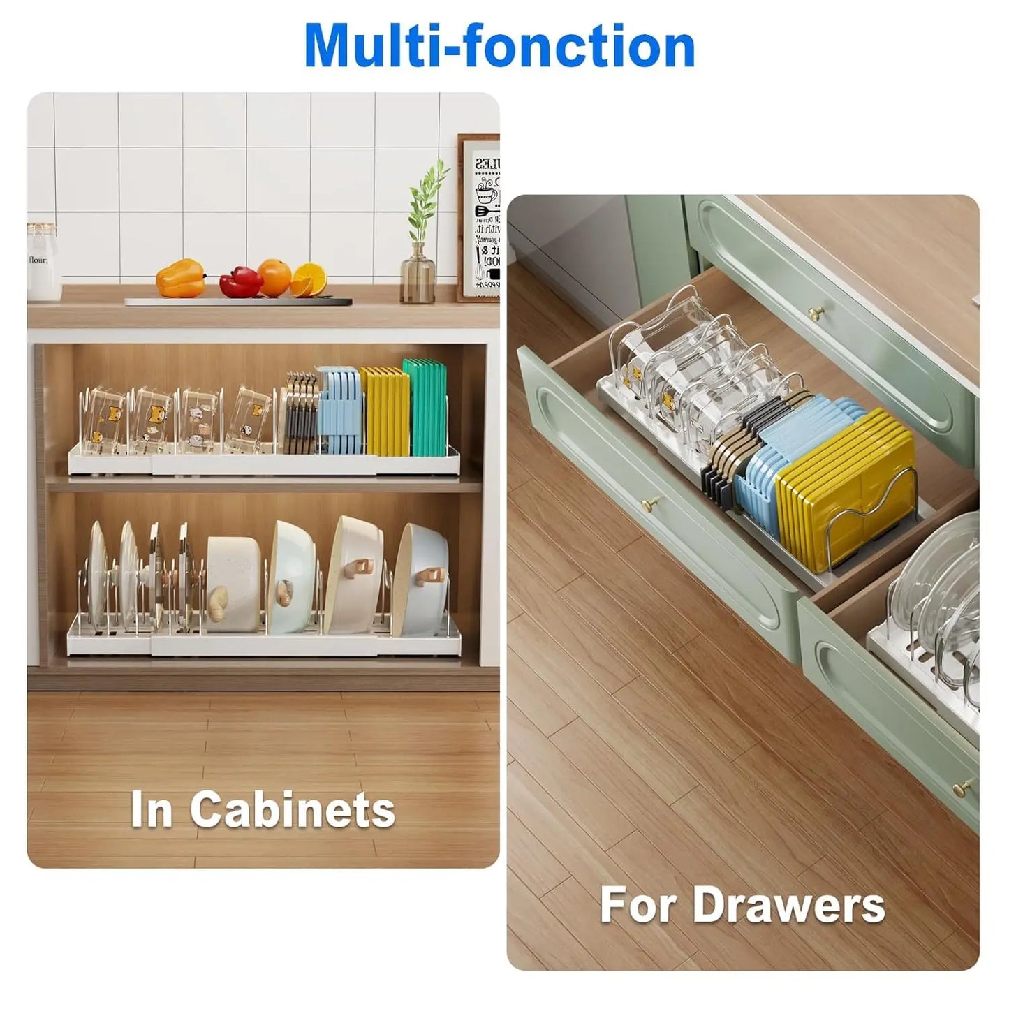 22" Expandable Pot & Pan Organizer – White Under‑Cabinet Rack with 9 Adjustable Dividers (2‑Pack)