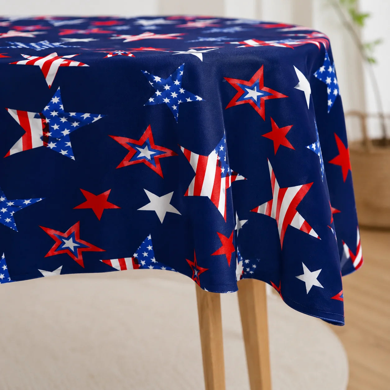 4th of July Patriotic Tablecloth – American Flag Stars Red White & Navy Blue Polyester Table Cover
