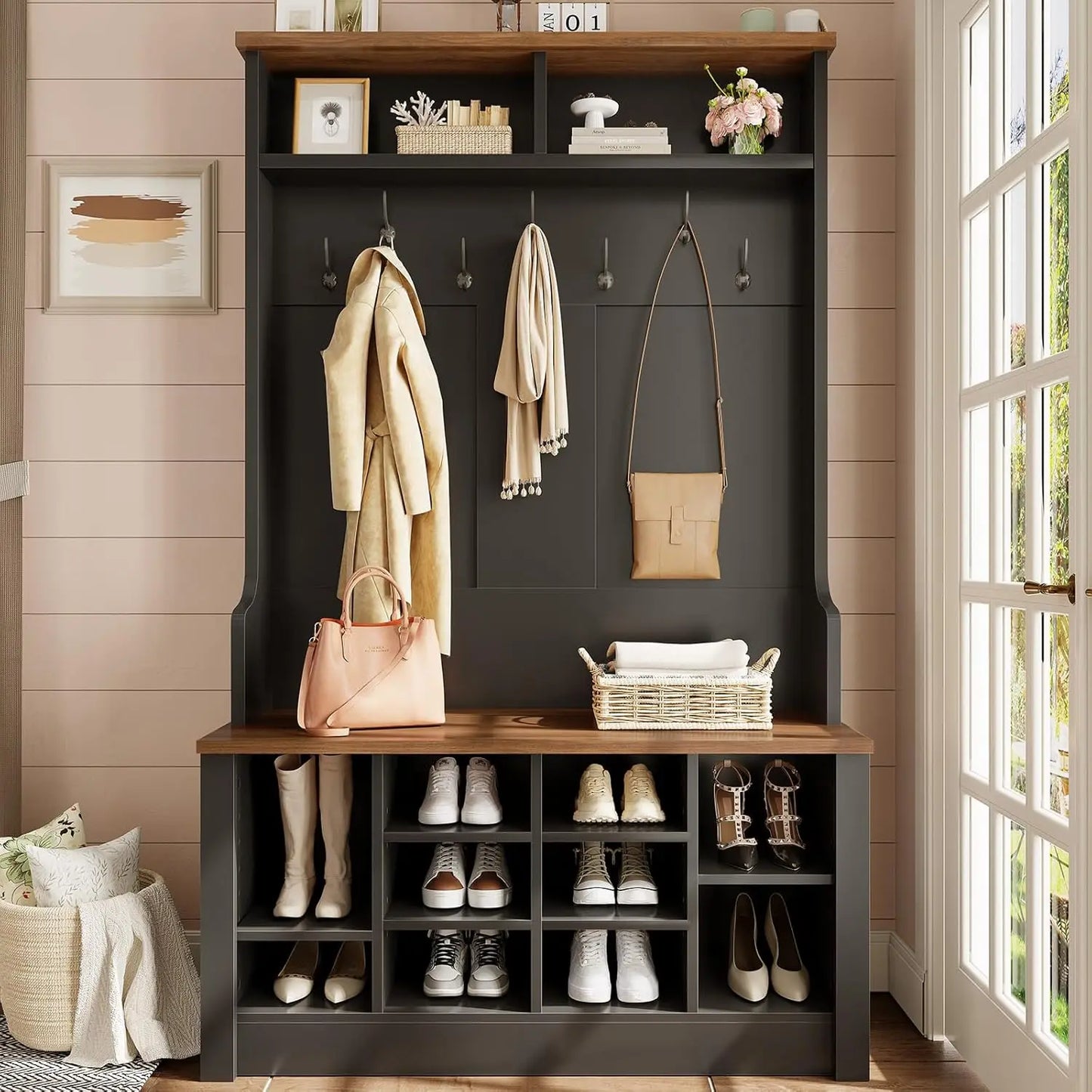 Hall Tree with Bench and Shoe Storage, 3-in-1 Entryway Bench