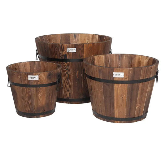 3‑Piece Large Wooden Planter Barrel Set – Real Wood Flowerpots with Drainage (11.5"–18")