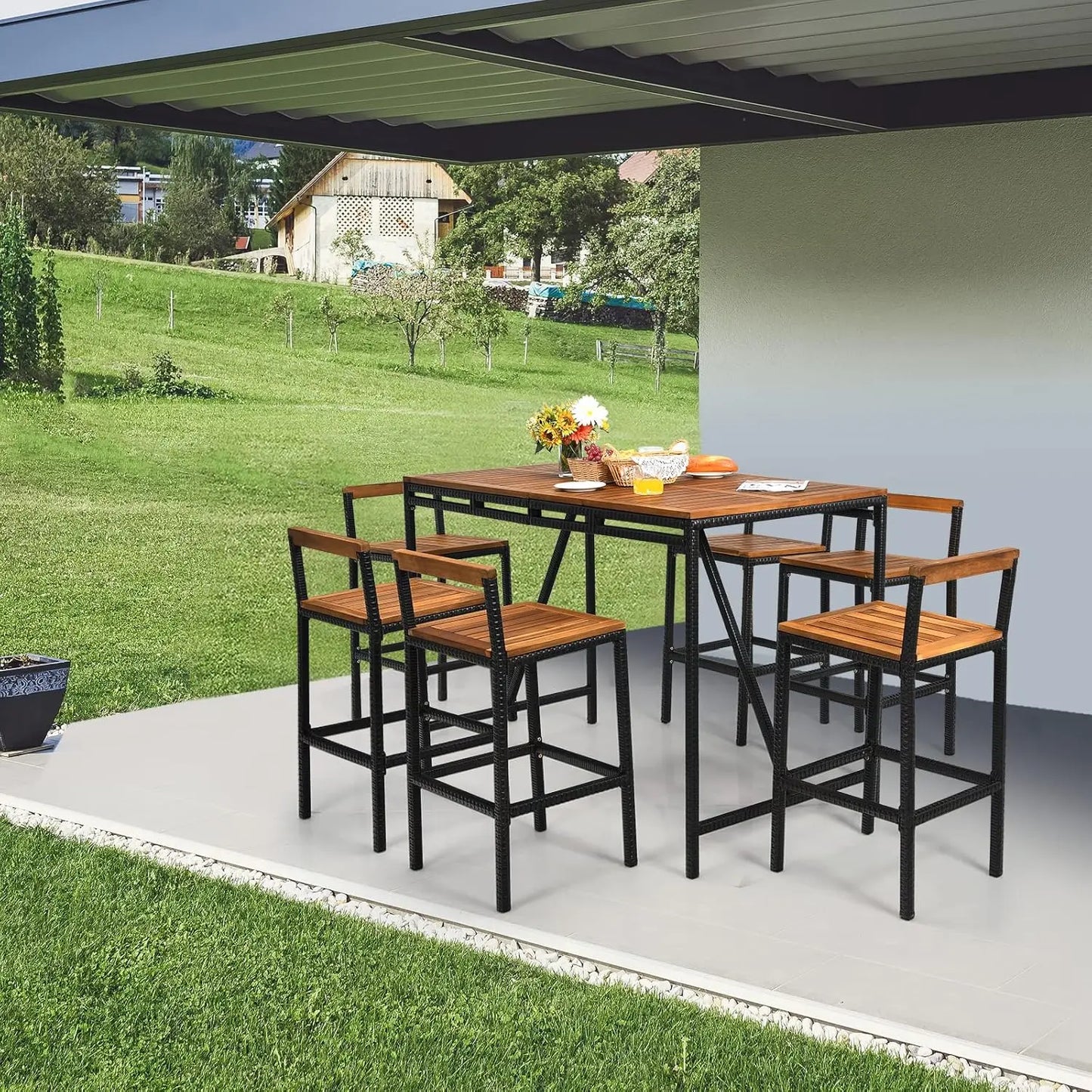 7pc Wood Bar Table Set w/ Umbrella Hole - High Bistro Table & 6 Stools