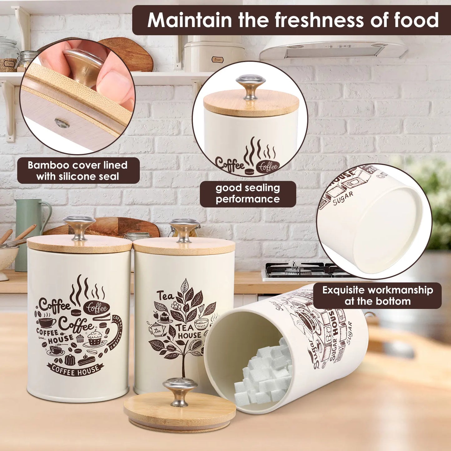 3Pcs Kitchen Coffee Sugar Tea Canister Set - Vintage Metal Food Storage Box