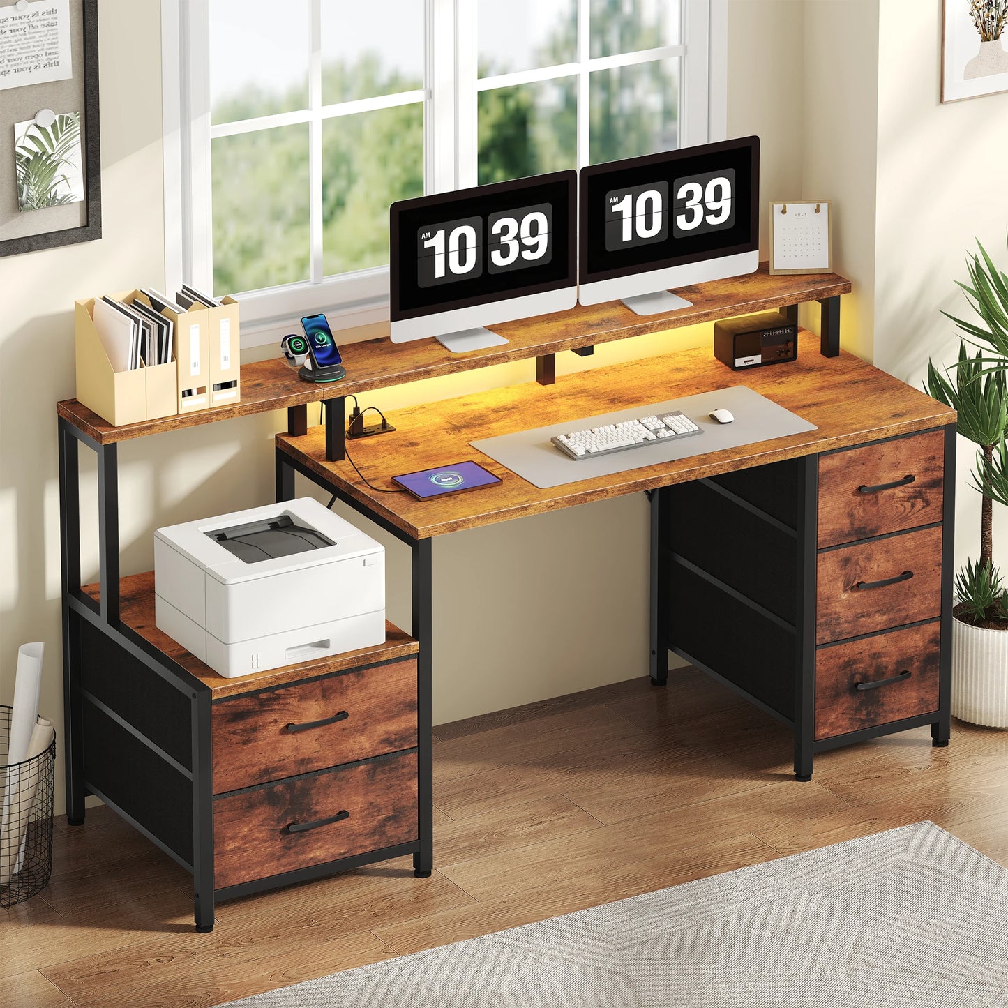 67" Gaming Computer Desk with 5 Drawers – Wood Office Desk with LED Lights & Built‑In Power Outlets