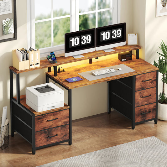 67" Gaming Computer Desk with 5 Drawers – Wood Office Desk with LED Lights & Built‑In Power Outlets