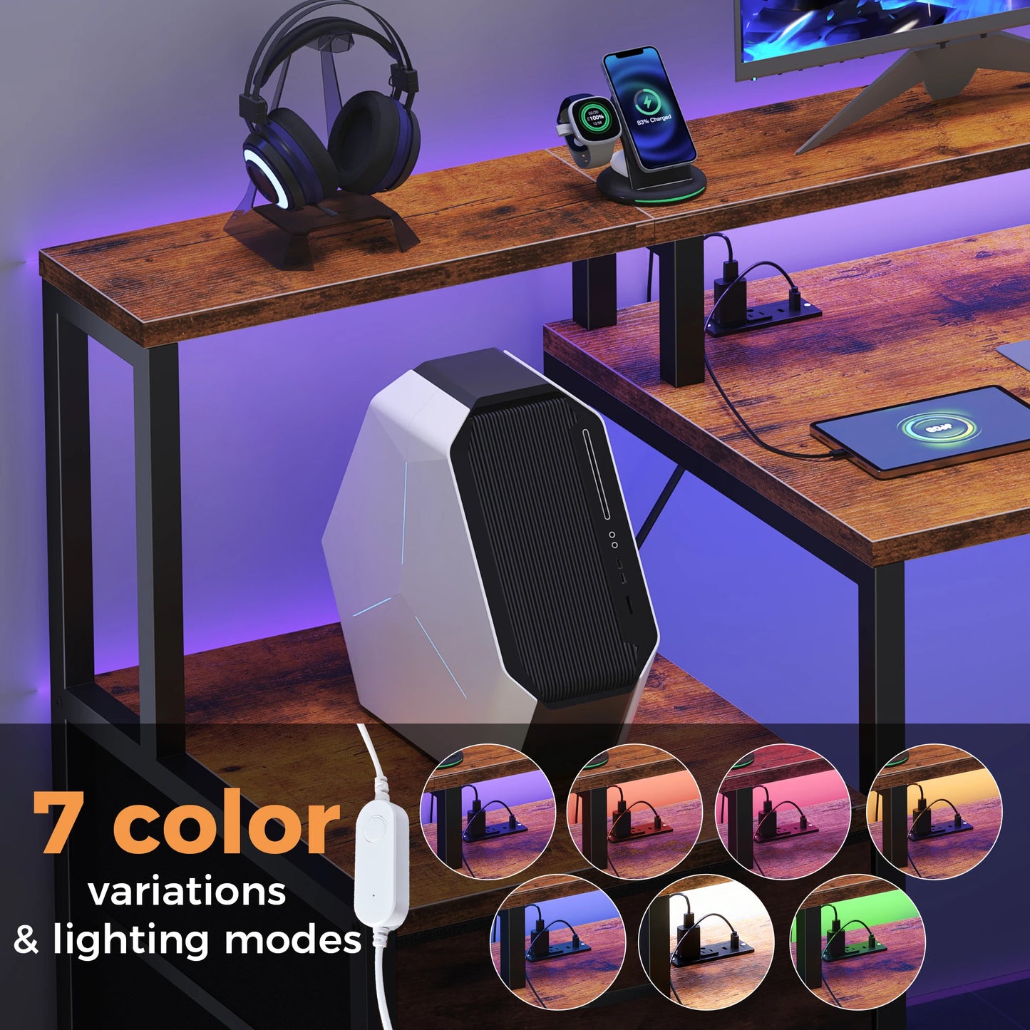 67" Gaming Computer Desk with 5 Drawers – Wood Office Desk with LED Lights & Built‑In Power Outlets