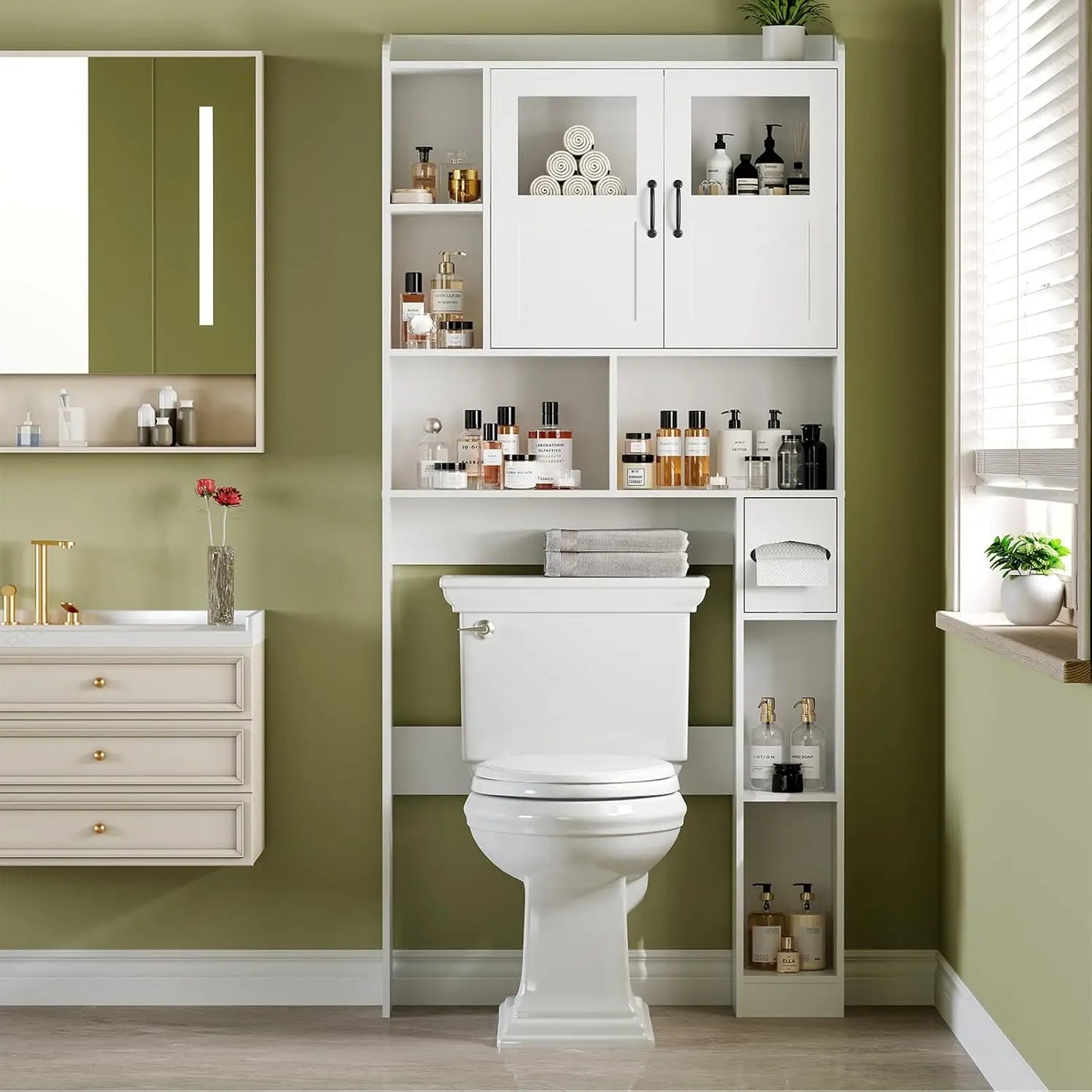 67.4" Over Toilet Storage Cabinet With Glass Door
