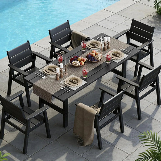 7‑Piece All‑Weather Outdoor Dining Set – 6 Seats, Table with Umbrella Hole, Black