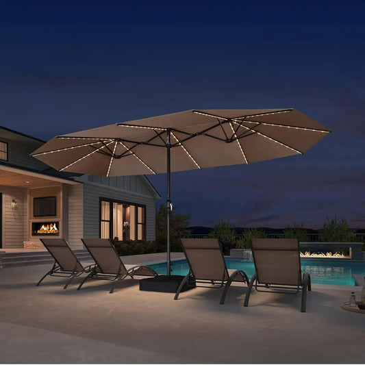 15FT Double‑Sided Patio Market Umbrella with Solar LED & Base – Rectangle Outdoor Table Umbrella with Crank