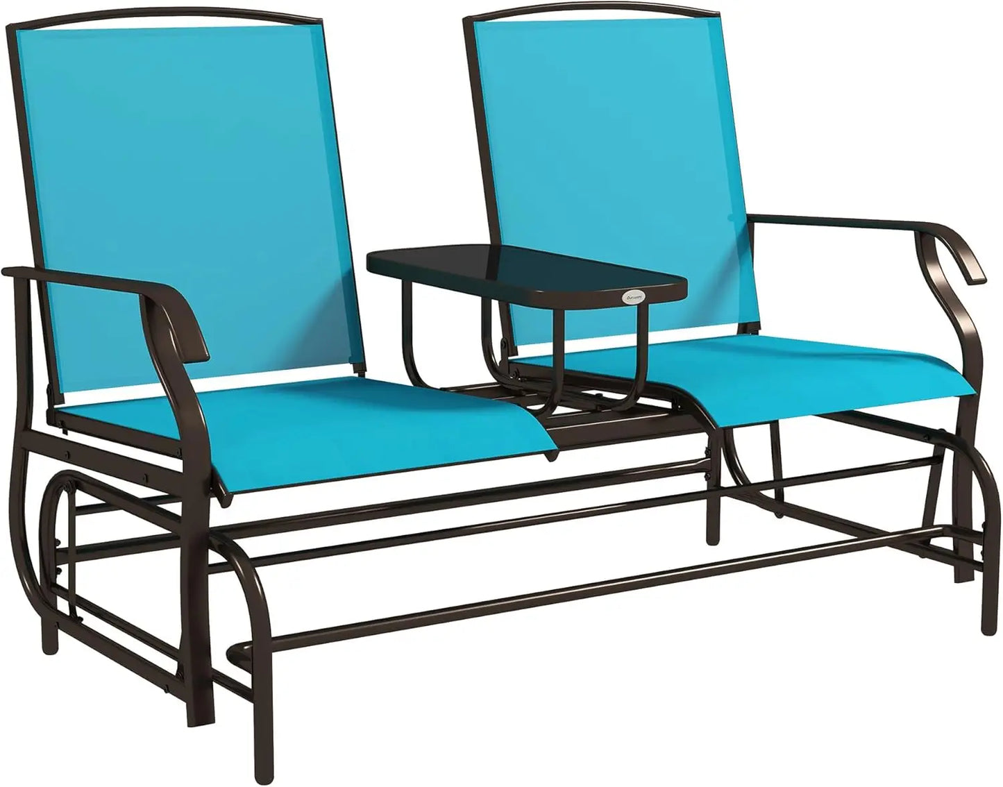 Outdoor Glider Bench with Center Table, Metal Frame Patio Loveseat, Breathable Mesh Fabric, with Armrests