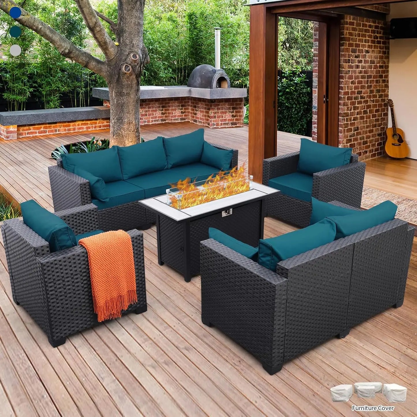 Patio Furniture Set with 45" Fire Pit, Patio Couch, Outdoor Chairs, 60000 BTU