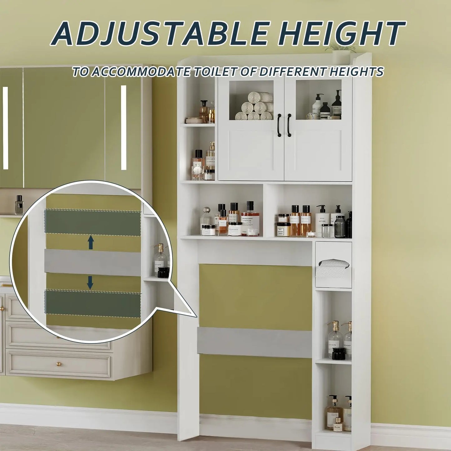 67.4" Over Toilet Storage Cabinet With Glass Door