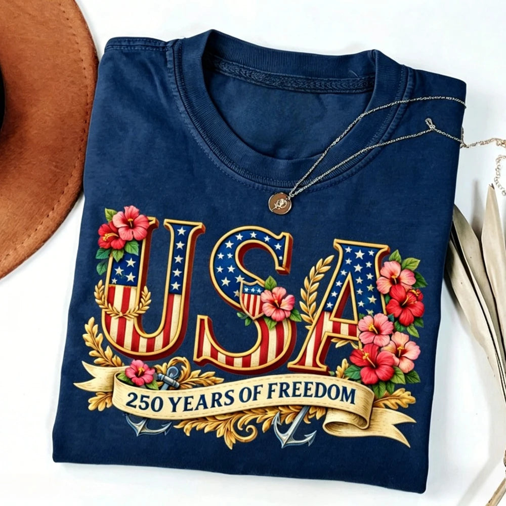 USA 250th Freedom - Women Crewneck Cotton Short Sleeve T Shirt