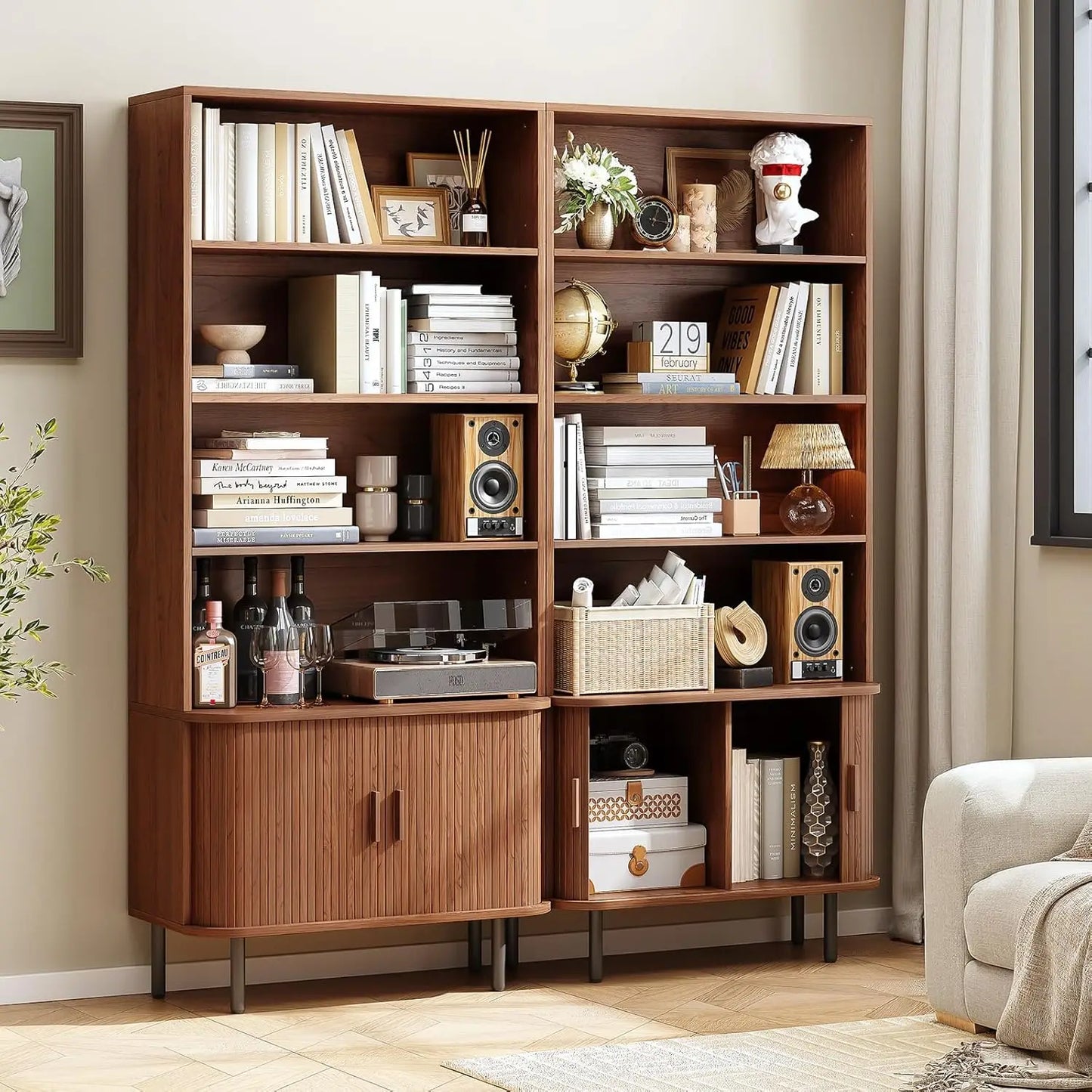 71" Mid-Century Modern Walnut Bookshelf | 4-Tier Bookcase with Sliding Door Cabinet