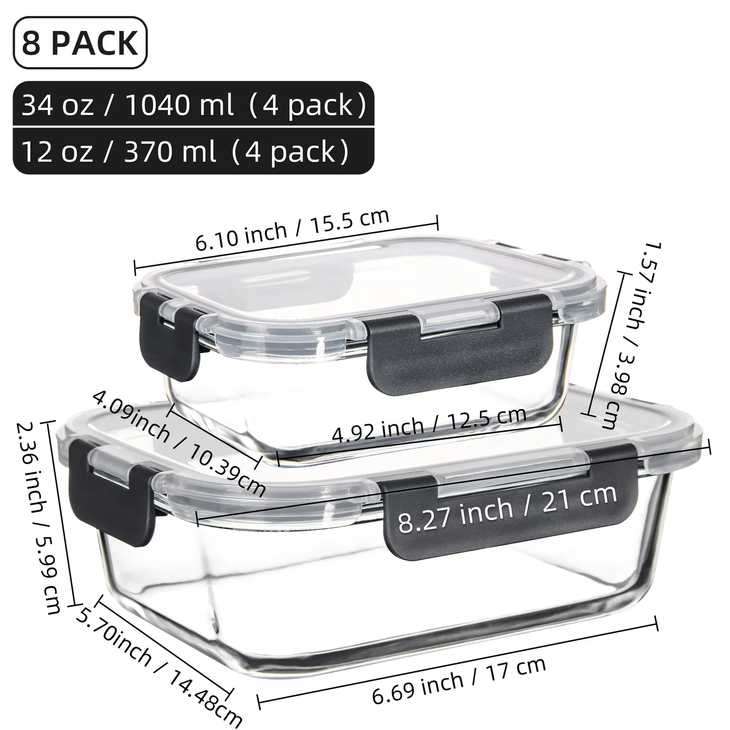 8-Piece Glass Food Storage Containers Set, BPA-Free, Leakproof, Microwave & Oven Safe, 6 Sizes, Glass Lock Lid