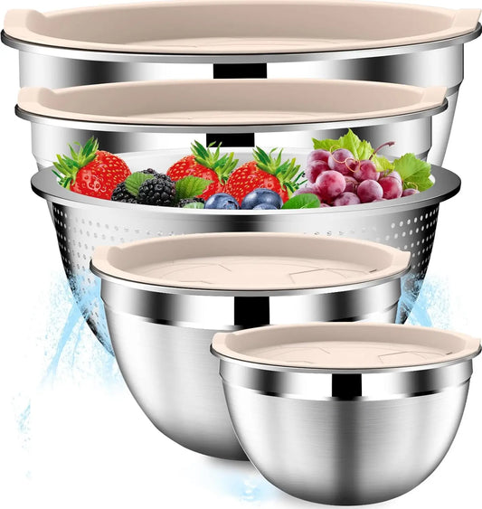 Stainless Steel Mixing Bowls with Lids – Stackable 5‑Piece Set with Strainer (Beige)