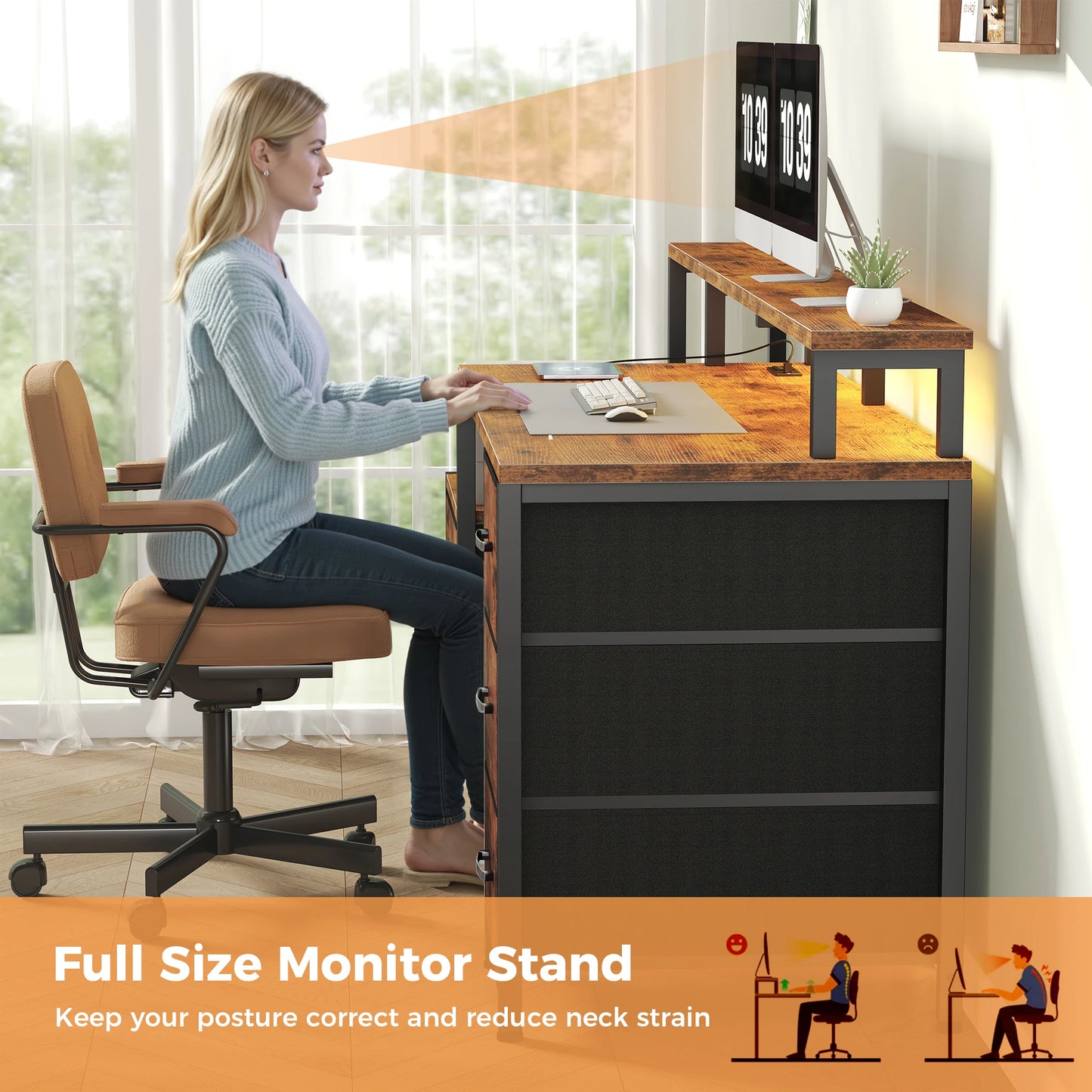 67" Gaming Computer Desk with 5 Drawers – Wood Office Desk with LED Lights & Built‑In Power Outlets
