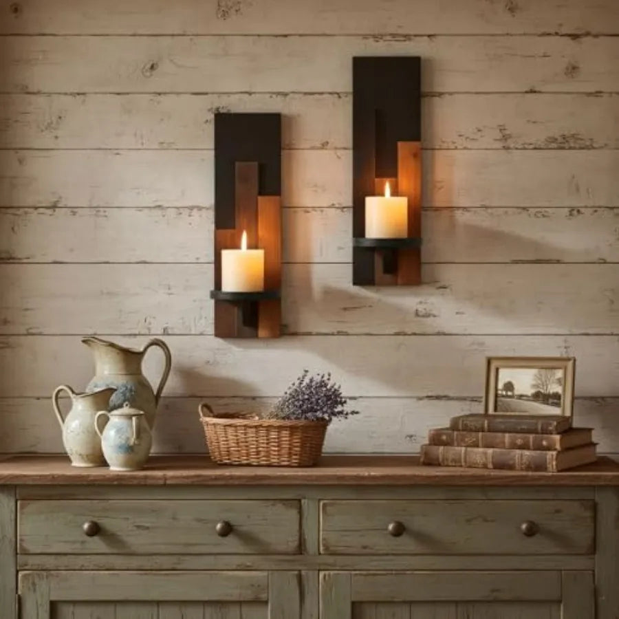 Wood Rustic Candle Sconces Set of 2 Wall-Mounted Pillar Candle Holders