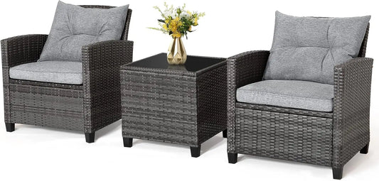 3‑Piece Wicker Patio Furniture Set – Rattan Sofa & Chairs with Tempered Glass Table and Heavy‑Duty Steel Frame