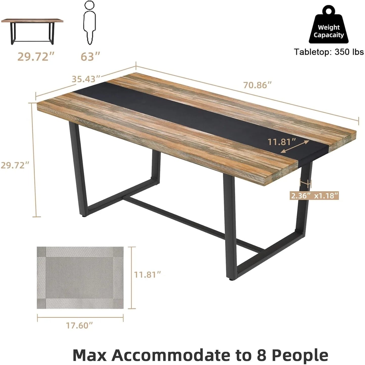 6ft Large Dinner Table, Rectangular Farmhouse Modern Long Industrial Conference Table