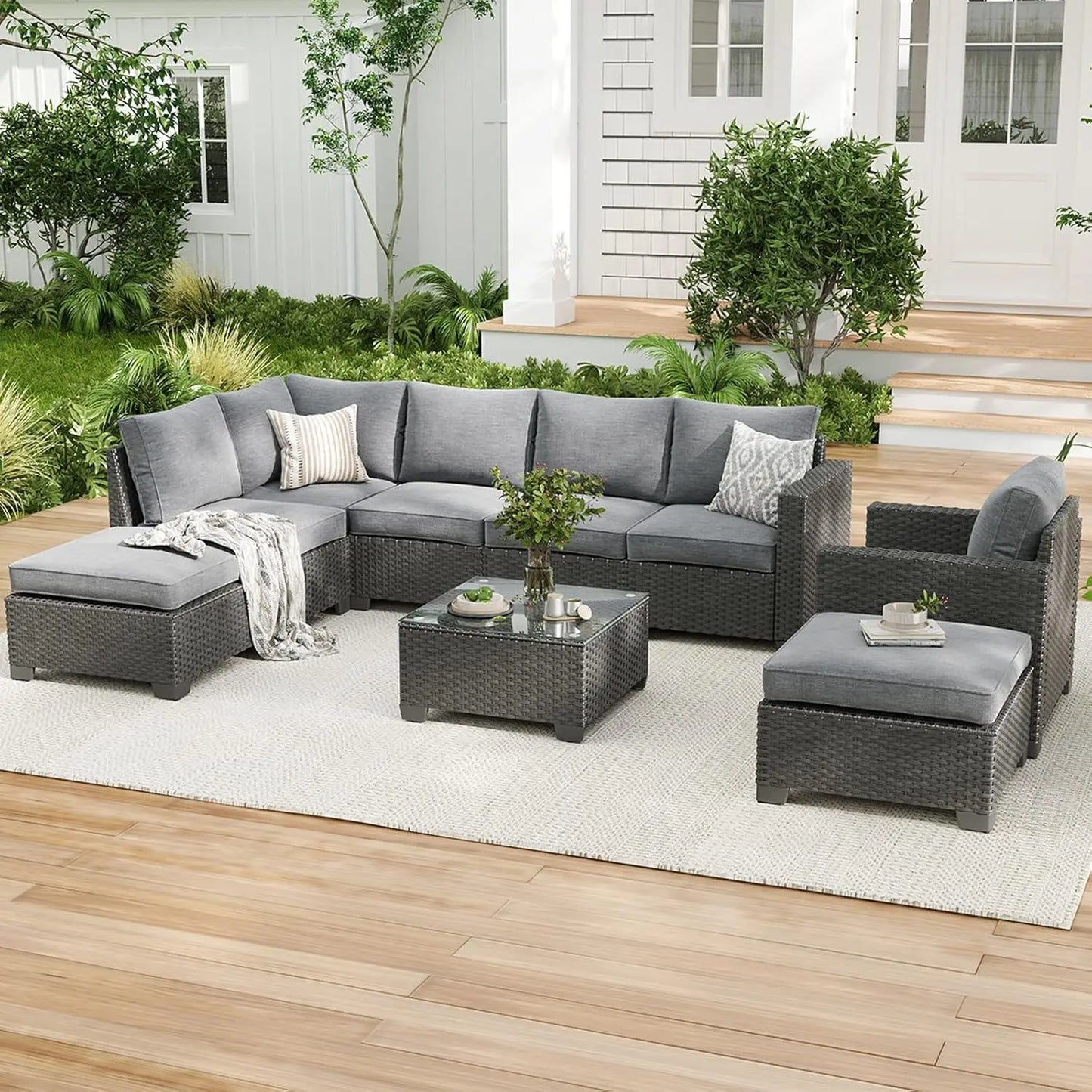 Outdoor Sectional Sofa Set with Ottoman – Water/Oil/Stain‑Resistant Fabric, Dark Gray Cushions & Gray Wicker