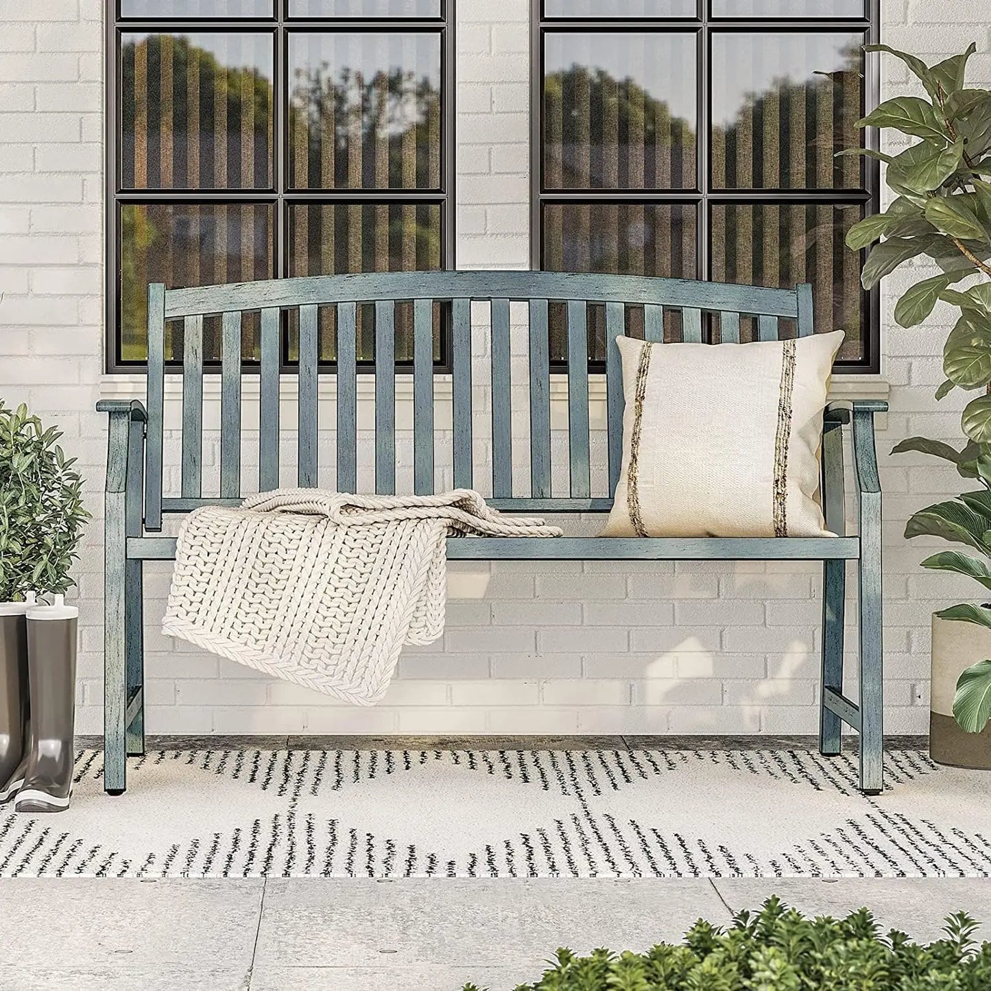 52" Farmhouse Outdoor Bench, Garden Bench with Faux Wood Grain Finish Frame and Aluminum Backrest, for Front Porch