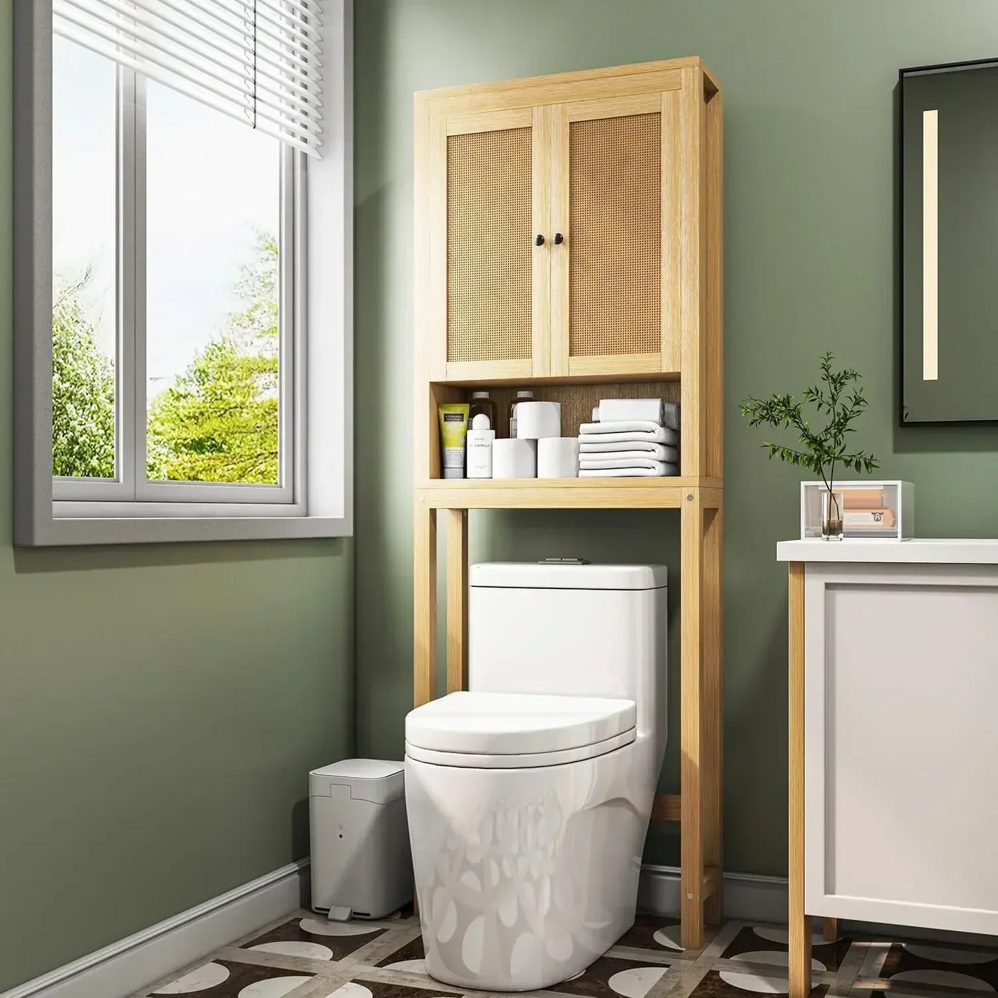 Rattan Over The Toilet Storage Cabinet, Adjustable Shelf