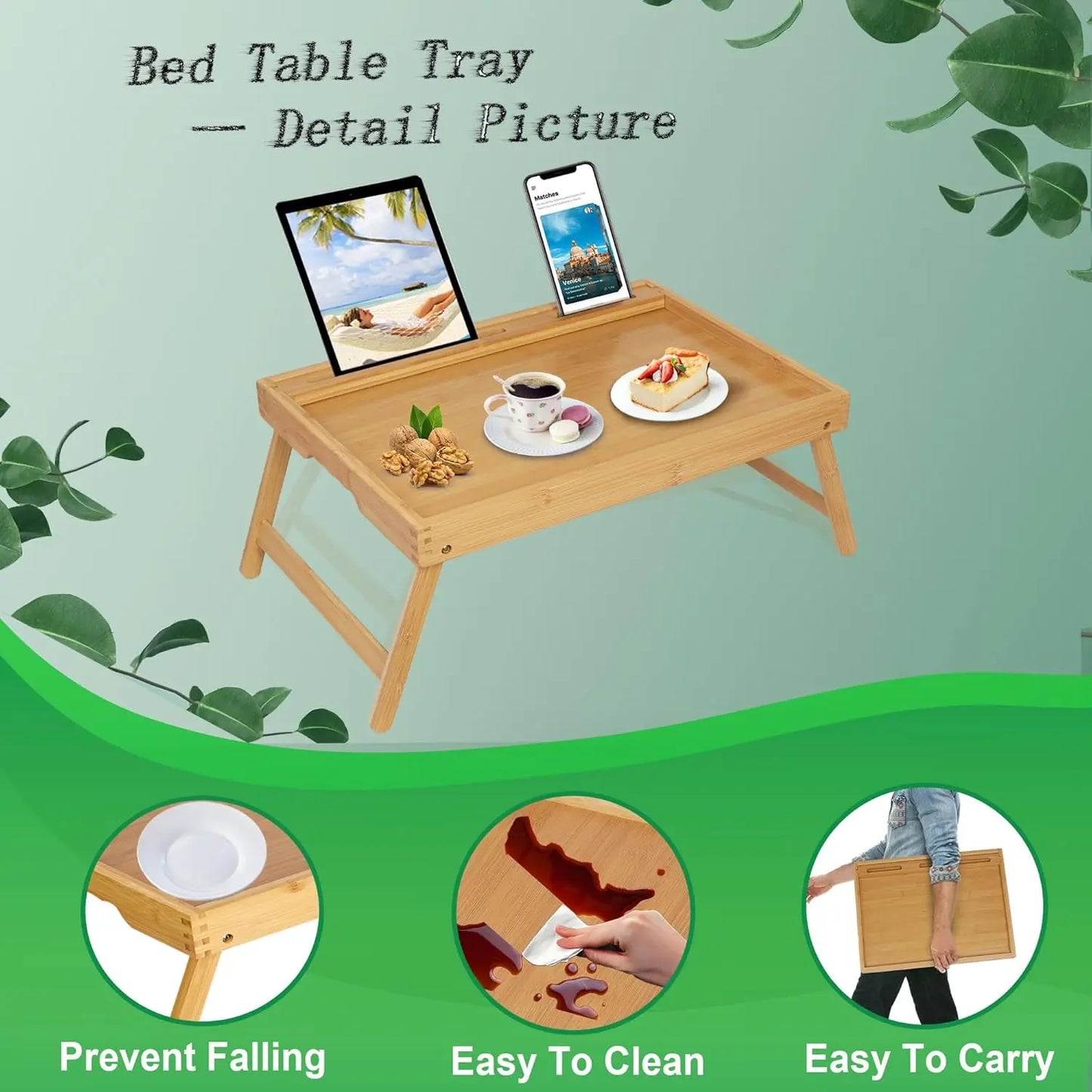 Foldable Bamboo Bed Tray Table with Media Slot – Breakfast Serving Tray for Bed, Couch & Kitchen