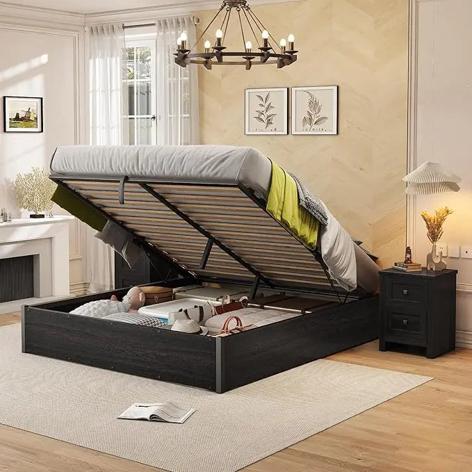 Queen Bed Frame with Lift up Storage, Wooden Platform