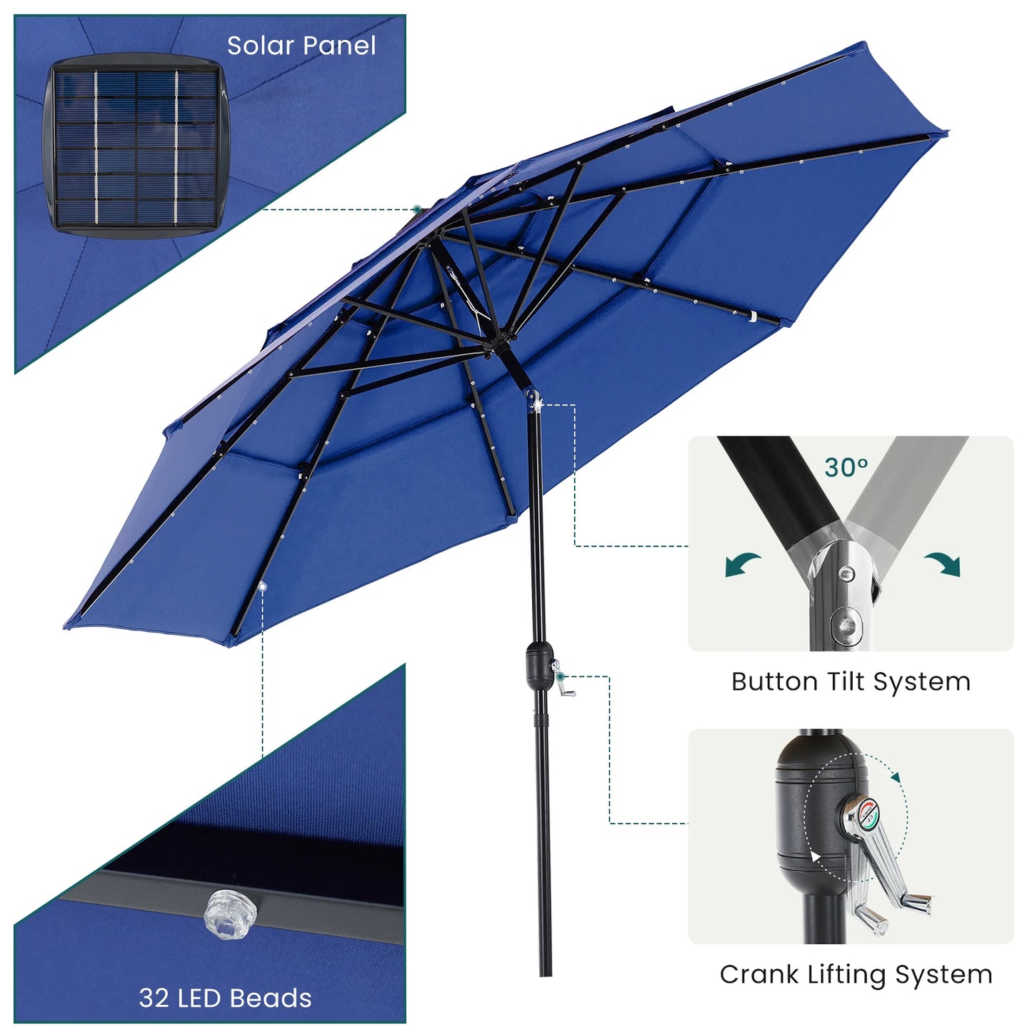 10FT 3‑Tier Patio Umbrella – Solar 32 LED Lights, Tilt Function & 8 Sturdy Ribs for Backyard & Garden