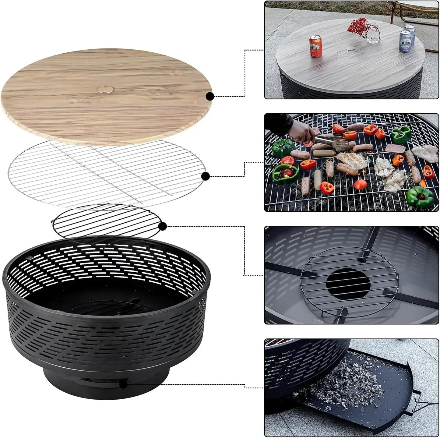 32" Wood Burning Fire Pits with Grill & Lid, Waterproof Cover & Fire Poker