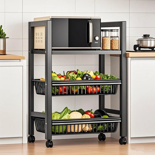 3‑Tier Mobile Kitchen Storage Rack – Adjustable Shelves with 2 Wire Baskets & Organizer