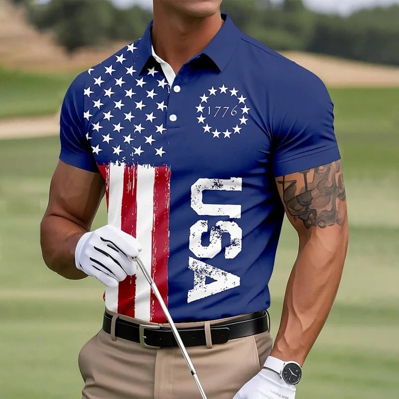 Men’s American Polo Shirt – Colorful Gradient Patriotic Short Sleeve Polo for Summer